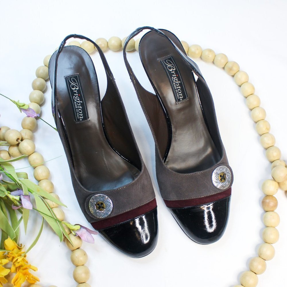 Brighton‎ Bree Suede Patent Leather High Heels Sling Back Office Shoes 8.5